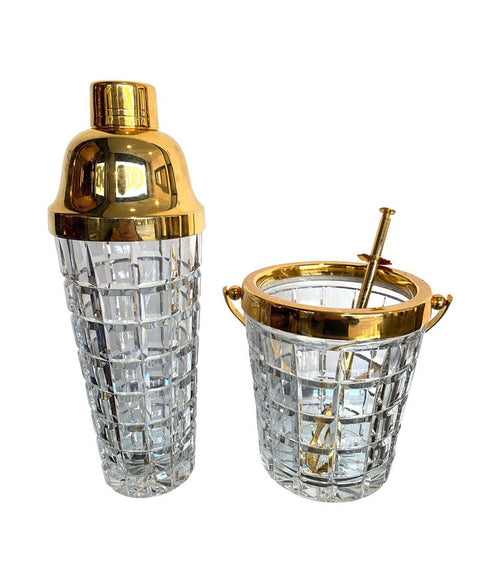 1950S VAL ST LAMBERT CRYSTAL AND GOLD-PLATED COCKTAIL SHAKER AND ICE BUCKET