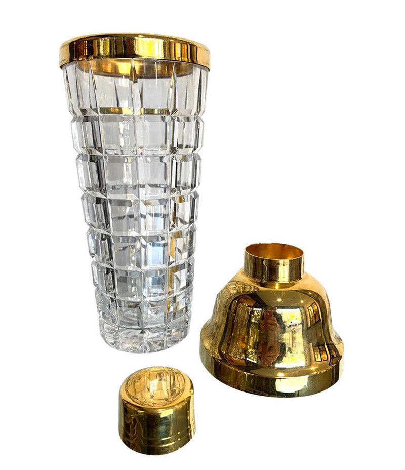 1950S VAL ST LAMBERT CRYSTAL AND GOLD-PLATED COCKTAIL SHAKER AND ICE BUCKET