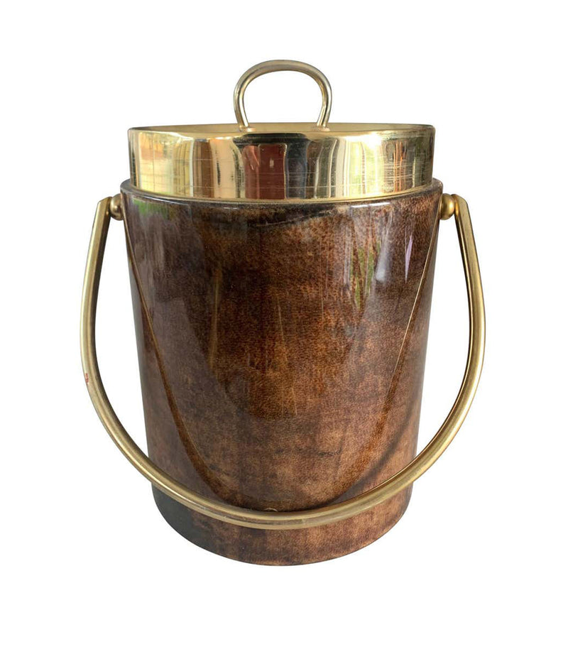 1960S ALDO TURO LACQUERED GOATSKIN ICE BUCKET WITH GILT METAL HANDLE AND TOP