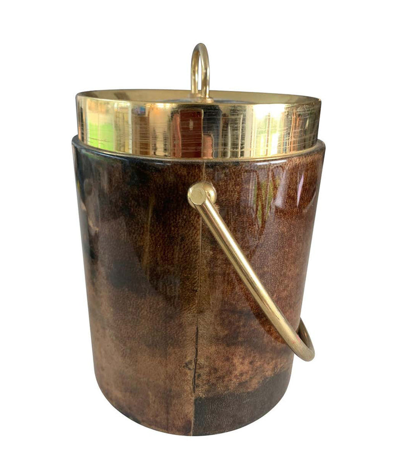 1960S ALDO TURO LACQUERED GOATSKIN ICE BUCKET WITH GILT METAL HANDLE AND TOP