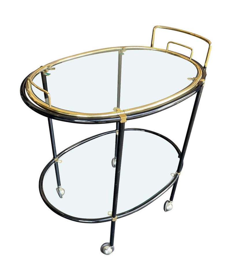 1960s French Black Lacquer & Brass Oval Bar Trolley - Mid Century Furniture - Ed Butcher Antiques