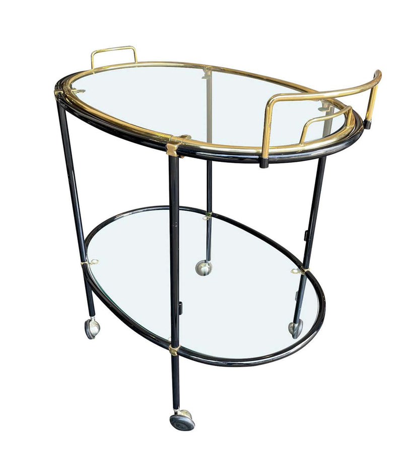 1960s French Black Lacquer & Brass Oval Bar Trolley - Mid Century Furniture - Ed Butcher Antiques