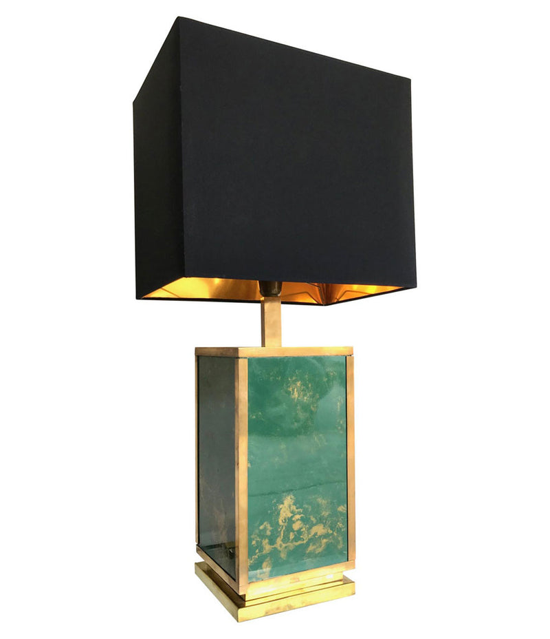 1970S LARGE ITALIAN GREEN GLASS AND BRASS LAMP WITH BLACK AND GOLD SHADE