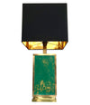 1970S LARGE ITALIAN GREEN GLASS AND BRASS LAMP WITH BLACK AND GOLD SHADE