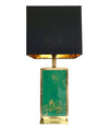 1970S LARGE ITALIAN GREEN GLASS AND BRASS LAMP WITH BLACK AND GOLD SHADE