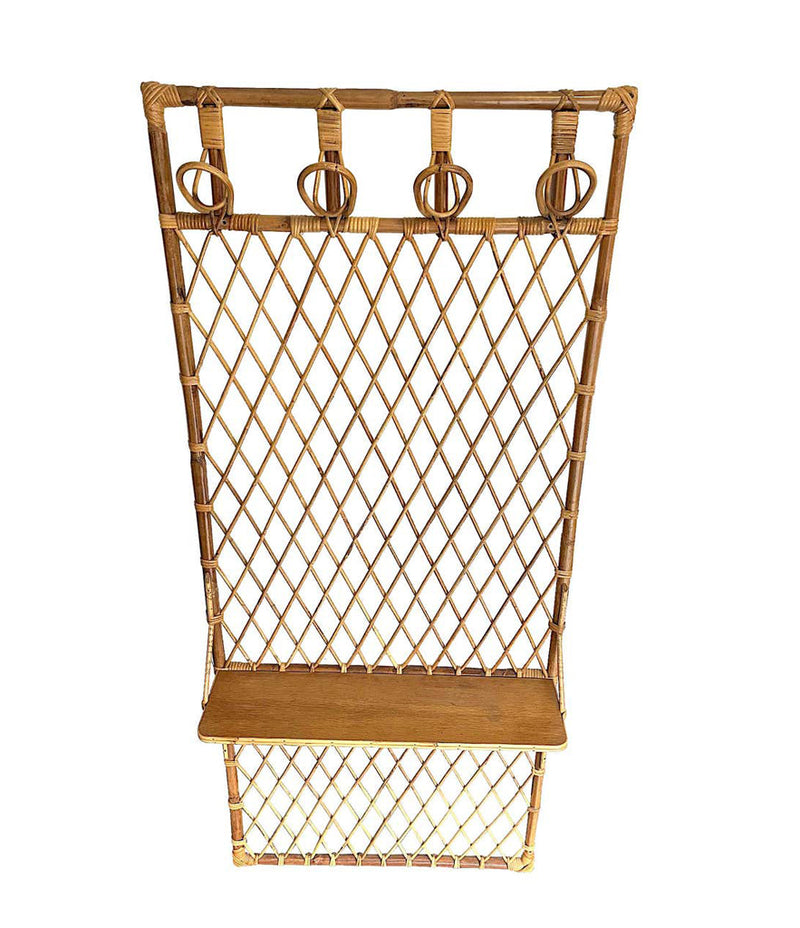 1970S FRENCH RIVIERA RATTAN AND BAMBOO COAT RACK WITH WOODEN SHELF