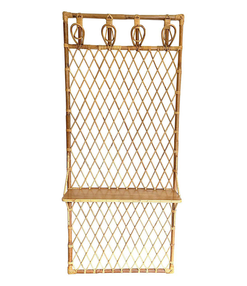 1970S FRENCH RIVIERA RATTAN AND BAMBOO COAT RACK WITH WOODEN SHELF