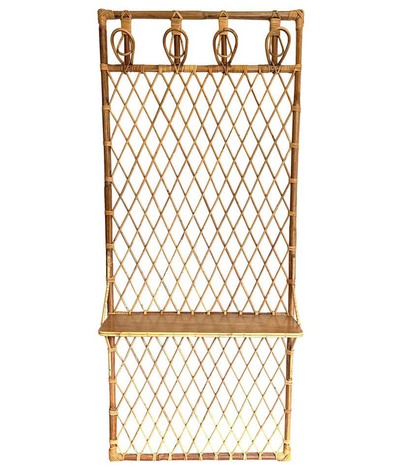 1970S FRENCH RIVIERA RATTAN AND BAMBOO COAT RACK WITH WOODEN SHELF