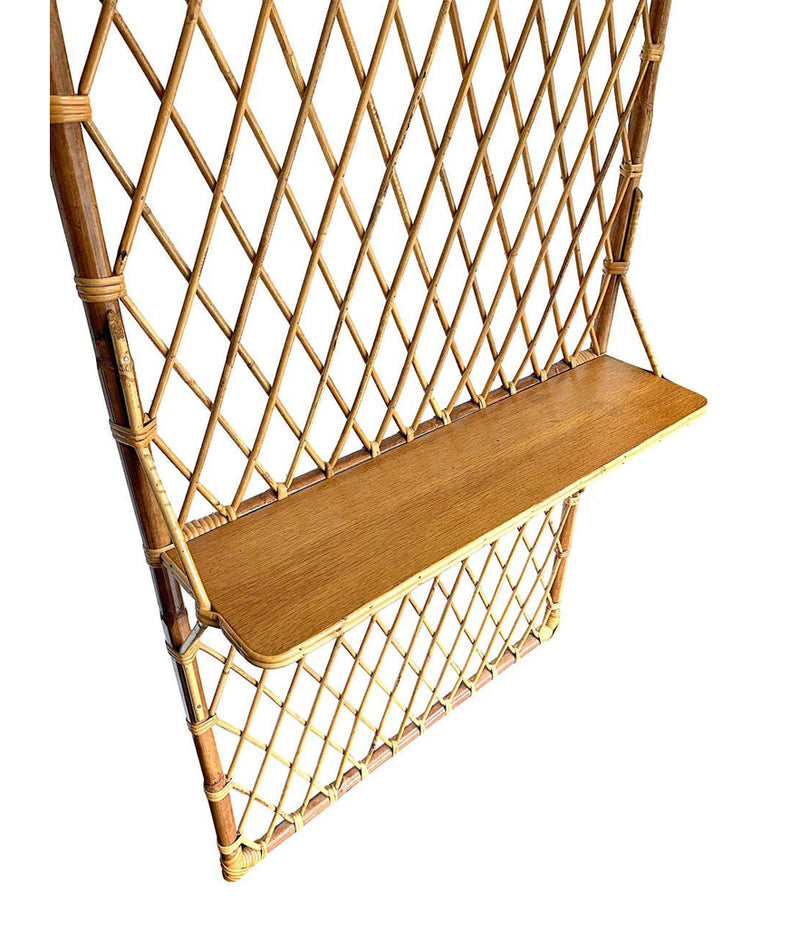 1970S FRENCH RIVIERA RATTAN AND BAMBOO COAT RACK WITH WOODEN SHELF
