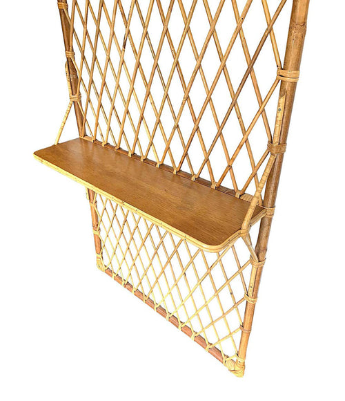 1970S FRENCH RIVIERA RATTAN AND BAMBOO COAT RACK WITH WOODEN SHELF