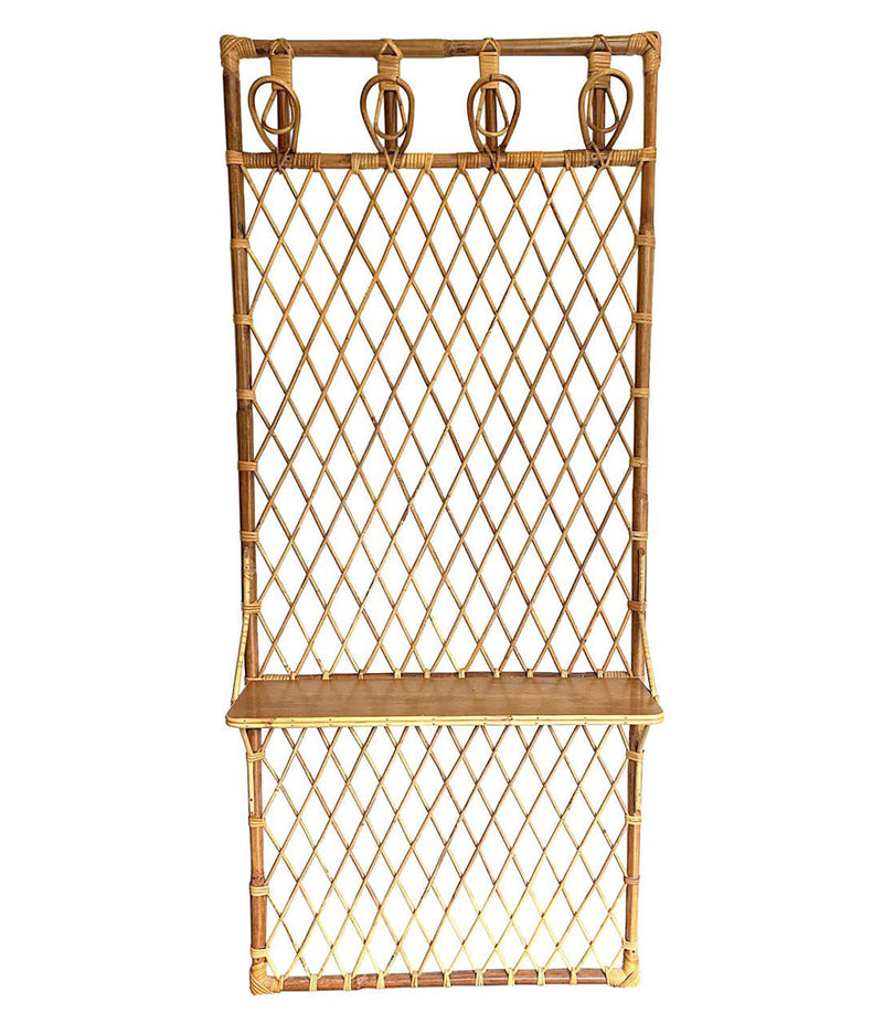 1970S FRENCH RIVIERA RATTAN AND BAMBOO COAT RACK WITH WOODEN SHELF