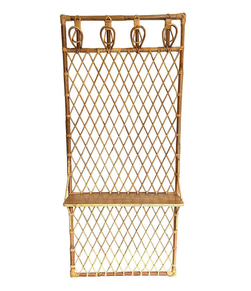 1970S FRENCH RIVIERA RATTAN AND BAMBOO COAT RACK WITH WOODEN SHELF