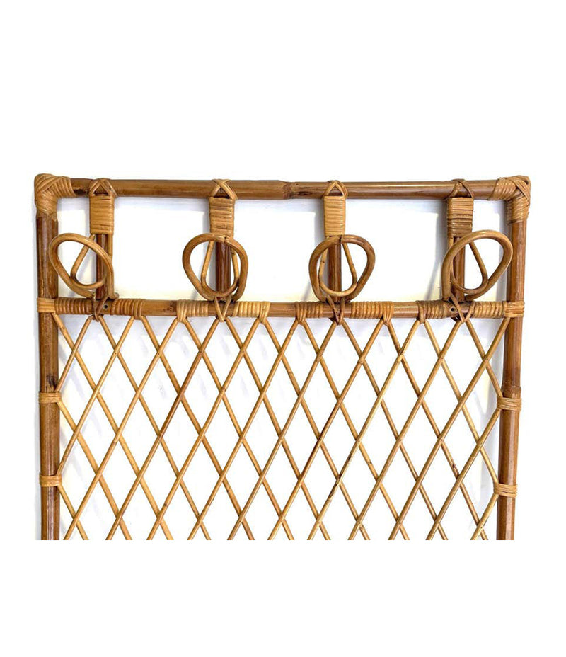1970S FRENCH RIVIERA RATTAN AND BAMBOO COAT RACK WITH WOODEN SHELF