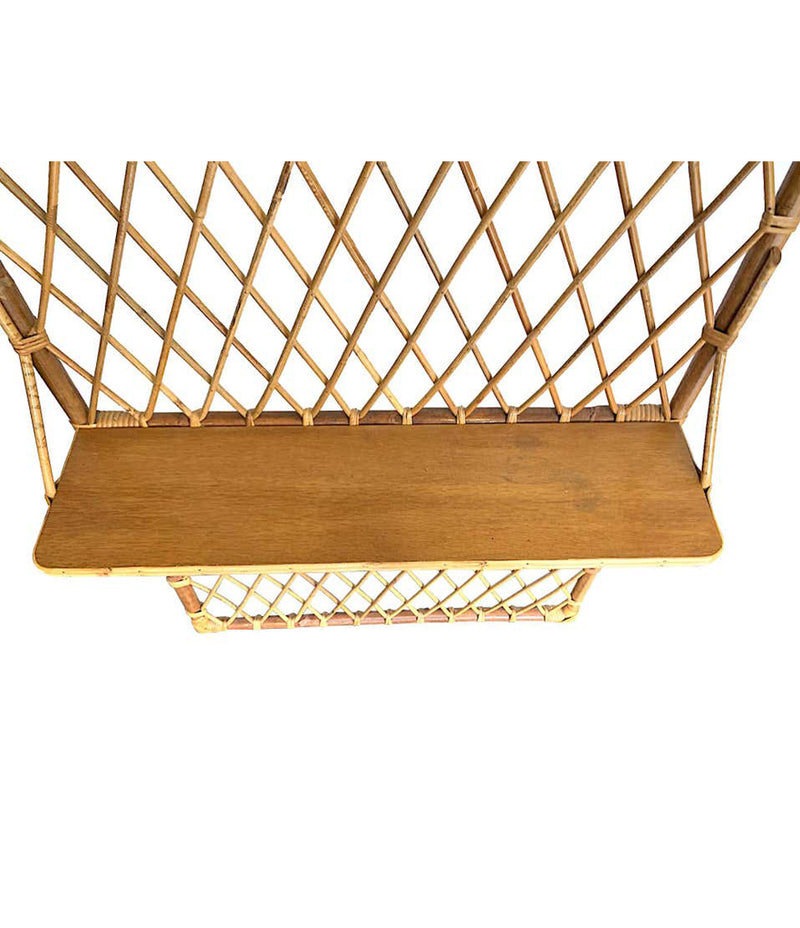 1970S FRENCH RIVIERA RATTAN AND BAMBOO COAT RACK WITH WOODEN SHELF