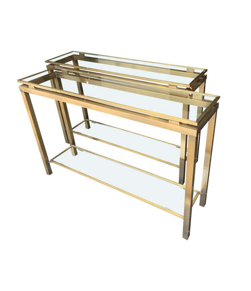 1970S GUY LEFEVRE STYLE GILT METAL CONSOLES WITH TWO GLASS SHELVES