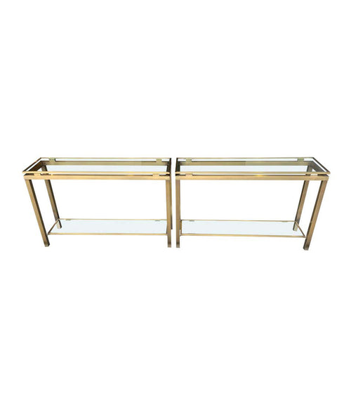 1970S GUY LEFEVRE STYLE GILT METAL CONSOLES WITH TWO GLASS SHELVES