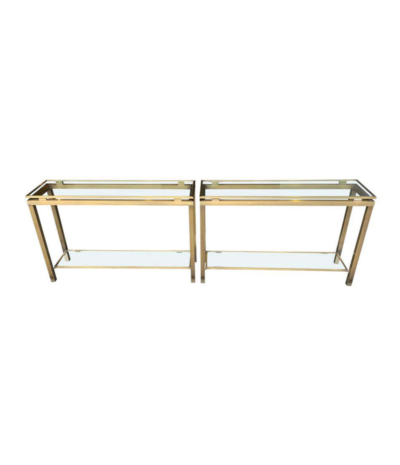 1970S GUY LEFEVRE STYLE GILT METAL CONSOLES WITH TWO GLASS SHELVES
