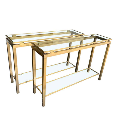 1970S GUY LEFEVRE STYLE GILT METAL CONSOLES WITH TWO GLASS SHELVES