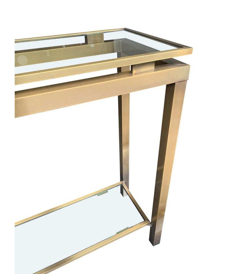 1970S GUY LEFEVRE STYLE GILT METAL CONSOLES WITH TWO GLASS SHELVES