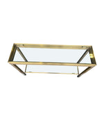 1970S GUY LEFEVRE STYLE GILT METAL CONSOLES WITH TWO GLASS SHELVES