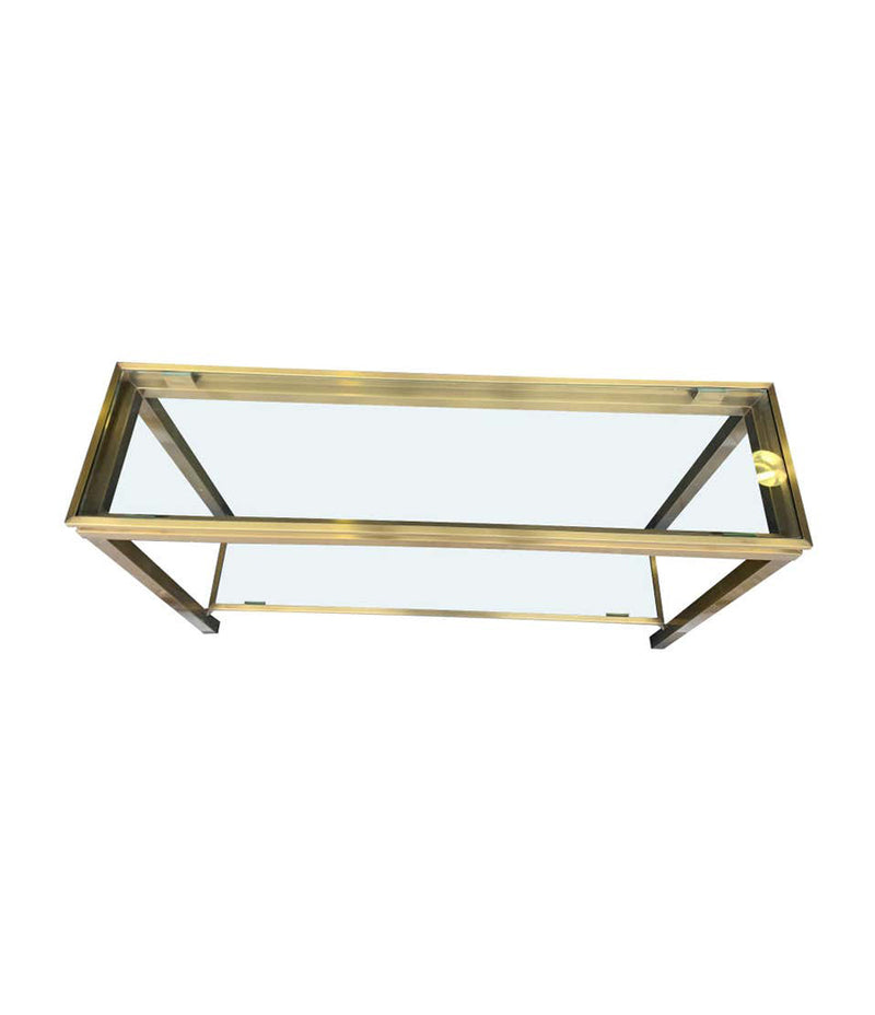 1970S GUY LEFEVRE STYLE GILT METAL CONSOLES WITH TWO GLASS SHELVES