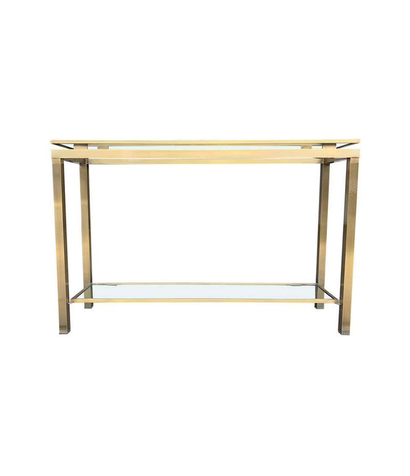 1970S GUY LEFEVRE STYLE GILT METAL CONSOLES WITH TWO GLASS SHELVES