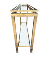 1970S GUY LEFEVRE STYLE GILT METAL CONSOLES WITH TWO GLASS SHELVES