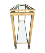 1970S GUY LEFEVRE STYLE GILT METAL CONSOLES WITH TWO GLASS SHELVES