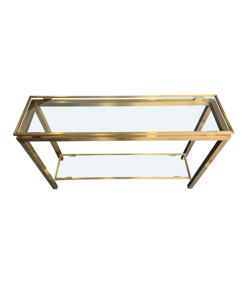 1970S GUY LEFEVRE STYLE GILT METAL CONSOLES WITH TWO GLASS SHELVES