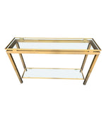 1970S GUY LEFEVRE STYLE GILT METAL CONSOLES WITH TWO GLASS SHELVES