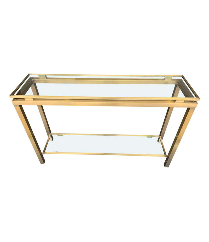 1970S GUY LEFEVRE STYLE GILT METAL CONSOLES WITH TWO GLASS SHELVES