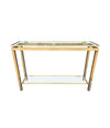 1970S GUY LEFEVRE STYLE GILT METAL CONSOLES WITH TWO GLASS SHELVES