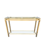 1970S GUY LEFEVRE STYLE GILT METAL CONSOLES WITH TWO GLASS SHELVES