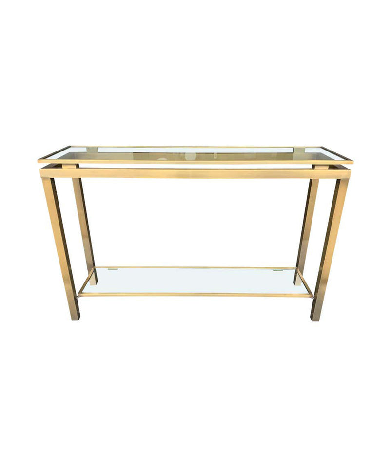 1970S GUY LEFEVRE STYLE GILT METAL CONSOLES WITH TWO GLASS SHELVES