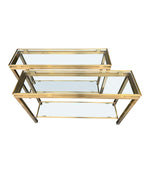 1970S GUY LEFEVRE STYLE GILT METAL CONSOLES WITH TWO GLASS SHELVES