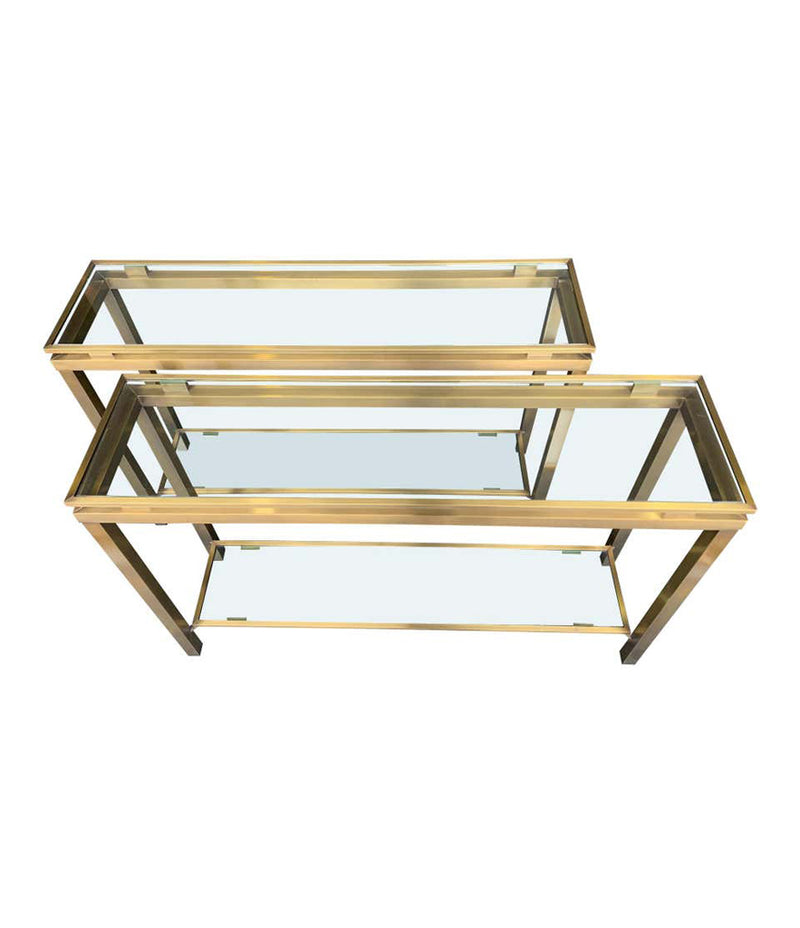 1970S GUY LEFEVRE STYLE GILT METAL CONSOLES WITH TWO GLASS SHELVES