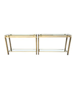 1970S GUY LEFEVRE STYLE GILT METAL CONSOLES WITH TWO GLASS SHELVES
