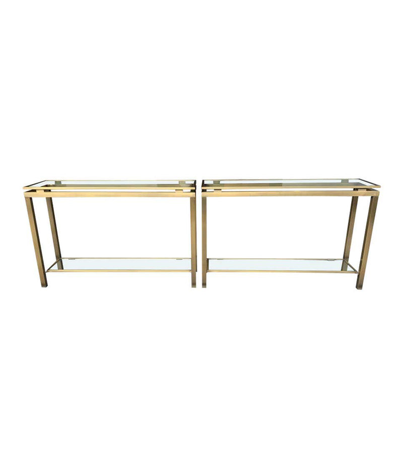 1970S GUY LEFEVRE STYLE GILT METAL CONSOLES WITH TWO GLASS SHELVES