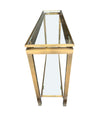 1970S GUY LEFEVRE STYLE GILT METAL CONSOLES WITH TWO GLASS SHELVES