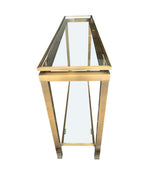 1970S GUY LEFEVRE STYLE GILT METAL CONSOLES WITH TWO GLASS SHELVES