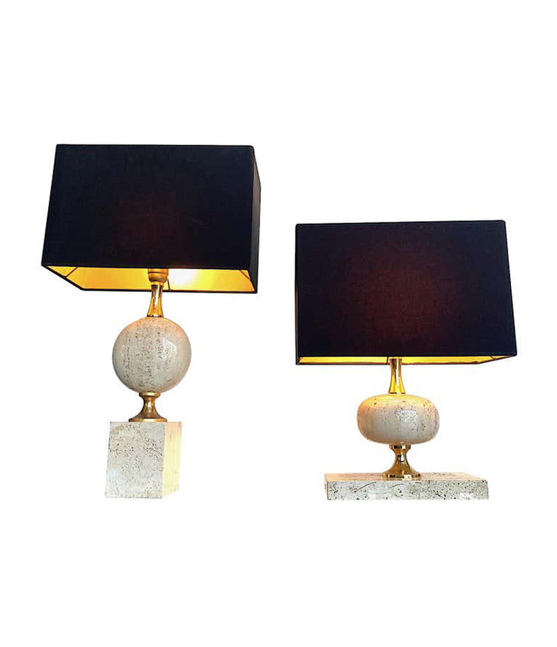 1970S MAISON BARBIER TRAVERTINE AND BRASS LAMPS WITH NEW BESPOKE SHADE