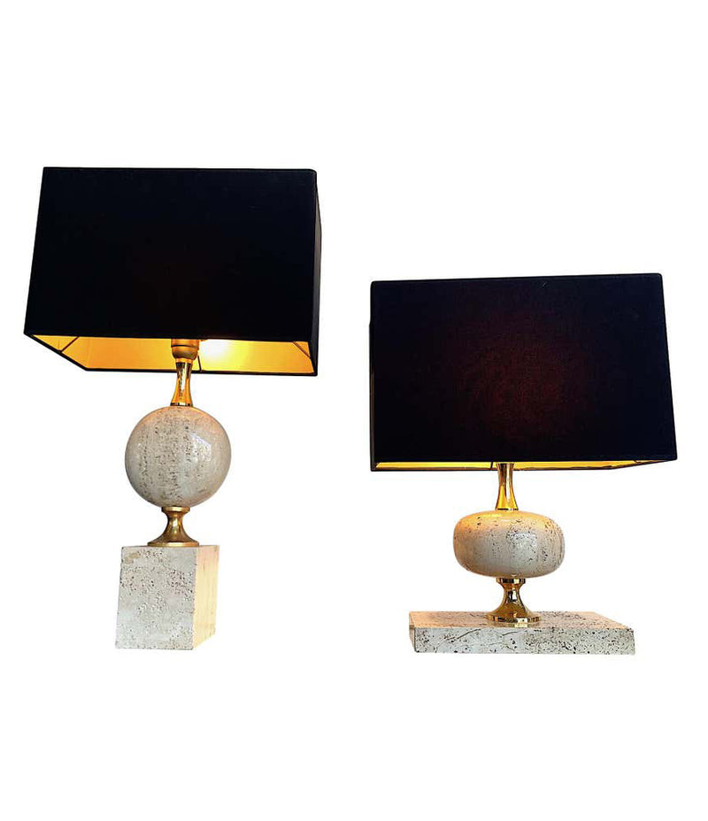 1970S MAISON BARBIER TRAVERTINE AND BRASS LAMPS WITH NEW BESPOKE SHADE