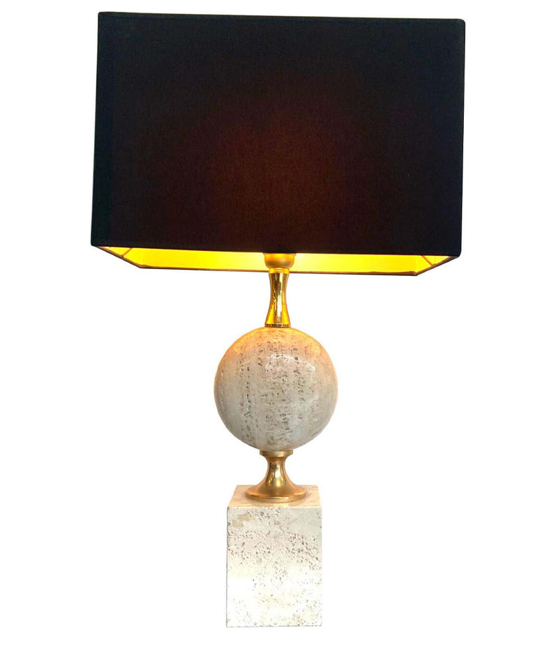 1970S MAISON BARBIER TRAVERTINE AND BRASS LAMP WITH NEW BESPOKE SHADE