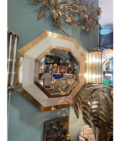 1970S OCTAGONAL BRASS AND IVORY LACQUER MIRROR BY JEAN CLAUDE MAHEY