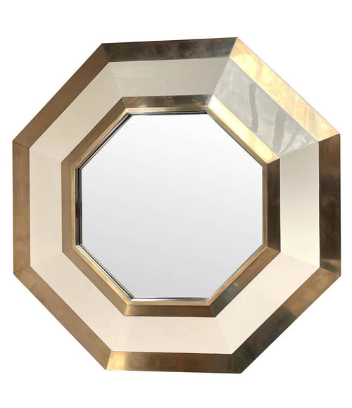 1970S OCTAGONAL BRASS AND IVORY LACQUER MIRROR BY JEAN CLAUDE MAHEY