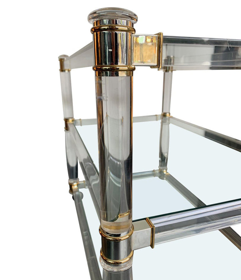 1970S LUCITE AND BRASS BAR TROLLEY WITH 3 GLASS SHELVES AND ORIGINAL CASTORS