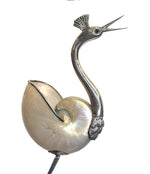 1970'S SILVER PLATED CRANE BY GABRIELLA BINAZZI WITH REAL NAUTILUS SHELL BODY