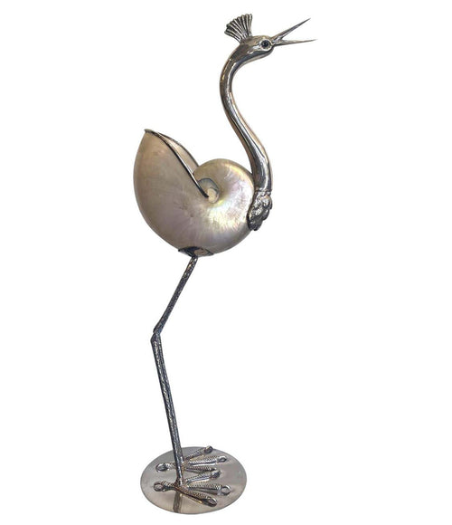 1970'S SILVER PLATED CRANE BY GABRIELLA BINAZZI WITH REAL NAUTILUS SHELL BODY