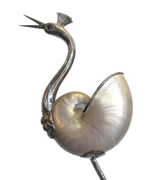 1970'S SILVER PLATED CRANE BY GABRIELLA BINAZZI WITH REAL NAUTILUS SHELL BODY