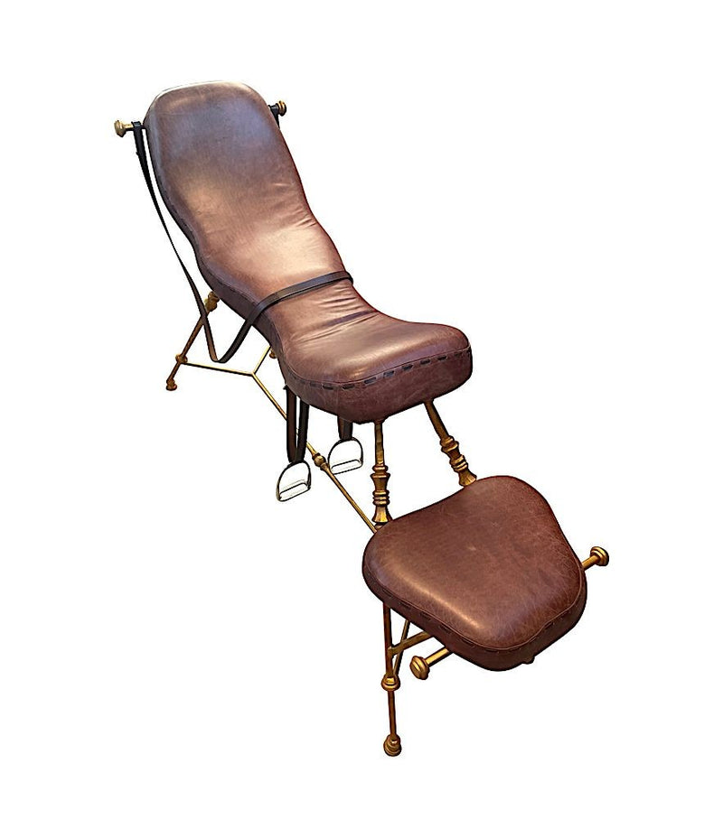 A Mark Brazier Jones "Tally Ho" chair a sculptural chair upholstered in a tan leather, with leather reigns, straps and steel stirrups on a stylised gilt wrought iron frame
